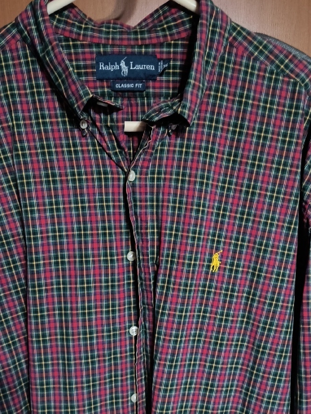 Ralph Lauren Red and Green Plaid Button-Down Shirt with Yellow Pony